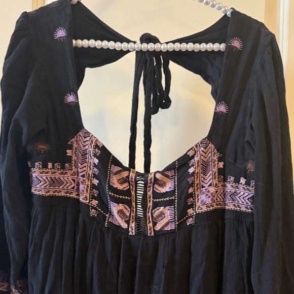 EUC Free People Rhiannon Embroidered Black Purple Bohemian Babydoll Mini Dress M - Picture 5 of 12